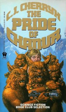 Cover of the novel The Pride Of Chanur by C J Cherryh. Image shows the sole human fugitive among five lion-like aliens of hani species.