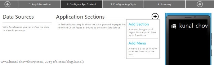 4. Create application sections and menus from the drop down