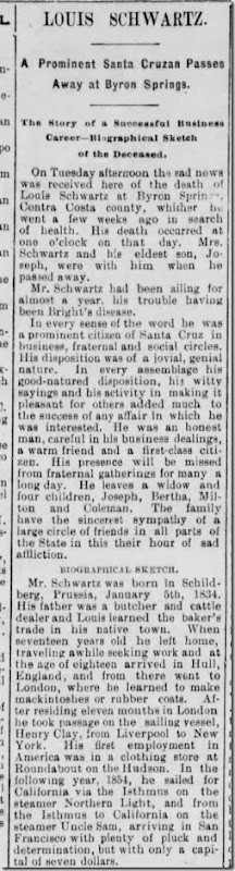 Schwartz Louis Obituary Santa Cruz Sentinel 24 May 1893 Part 1