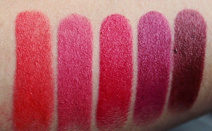 Wet’n’Wild Mega Last Matte Lipstick Collection Part 1 - Brights and Bolds - Purty Persimmon, Smokin’ Hot Pink, Stoplight Red, Sugar Plum Fairy and Cherry Bomb review and swatch