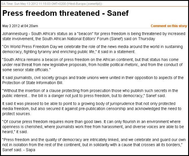 PRESS FREEDOM IN SOUTH AFRICA THREATENED SANEF MAY 3 2012