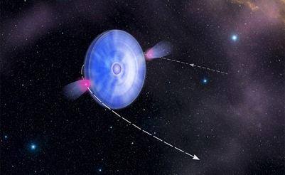 ilustração do sistema binário estrela azul e pulsar