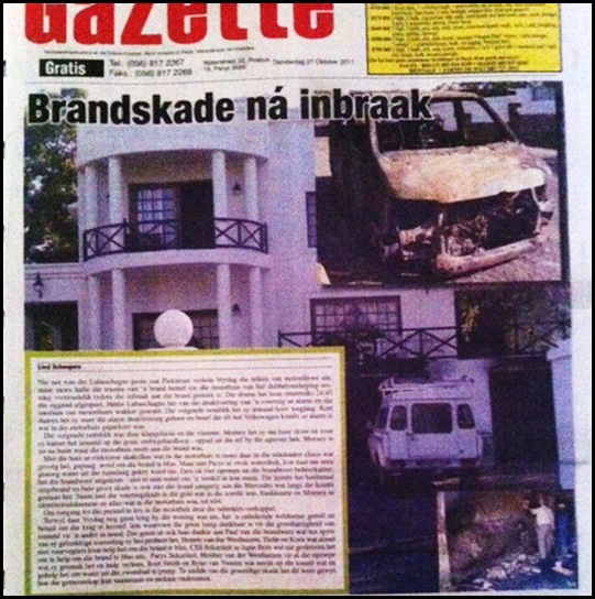 LABUSCHAGNE FAMILY FIRE AFTER BREAKIN FRONT PAGE
