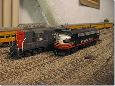 IMG_0493 Cotton Belt GP7 #3310 & Southern Pacific FP7 #6458 on My Layout on April 6, 2008