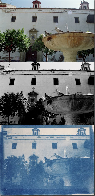 Brunnen Altstadt von Sevilla Brunnen in der Altstadt von Sevilla - Drei Bilder Farbe - Schwarzweiß - Cyanotypie (Blaudruck)