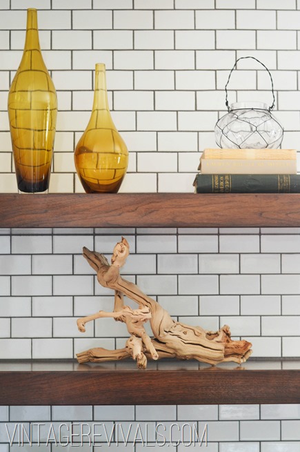 Open Shelving In Kitchen with White Subway Tile @ Vintage Revivals