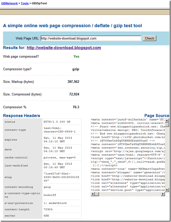 Gzip test result for website design blog