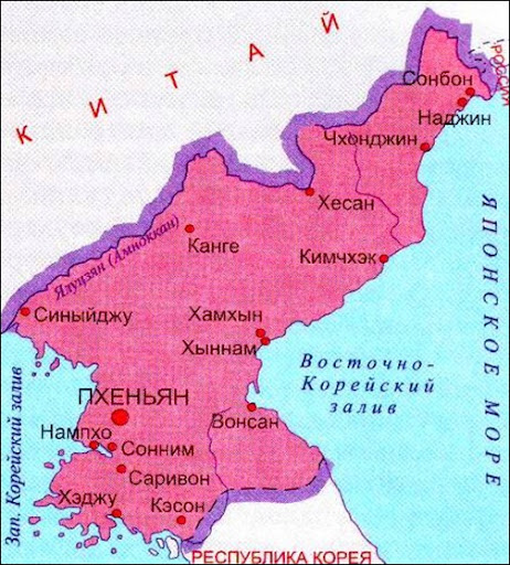 Карта корейского полуострова с сопредельными государствами