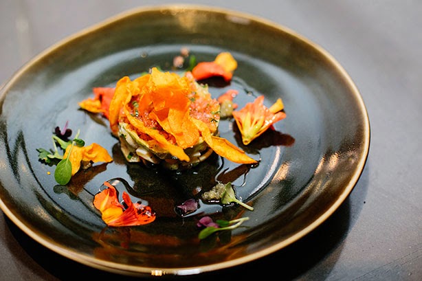 Entree is served - Kingfish ceviche with avocado puree, tomato salsa, finger limes and sweet potato crisps. Created by Foodish using fresh produce from Fyshwick Fresh Food Market. HerCanberraDinner119.jpg