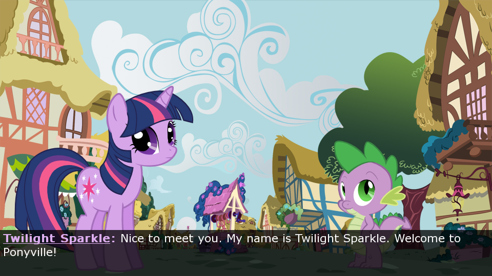 Twilight Sparkle and Spike welcoming you to Ponyville.