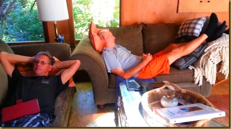 vic and bruce on couches at cabin