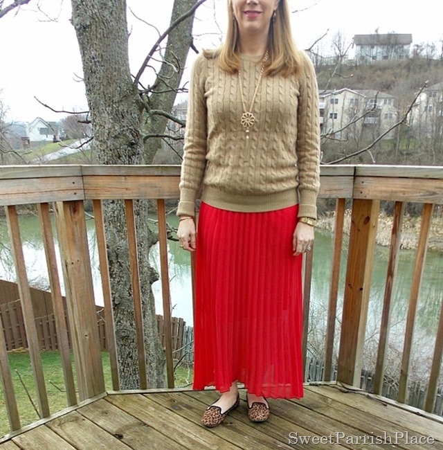 red maxi skirt, tan sweater, leopard flats2