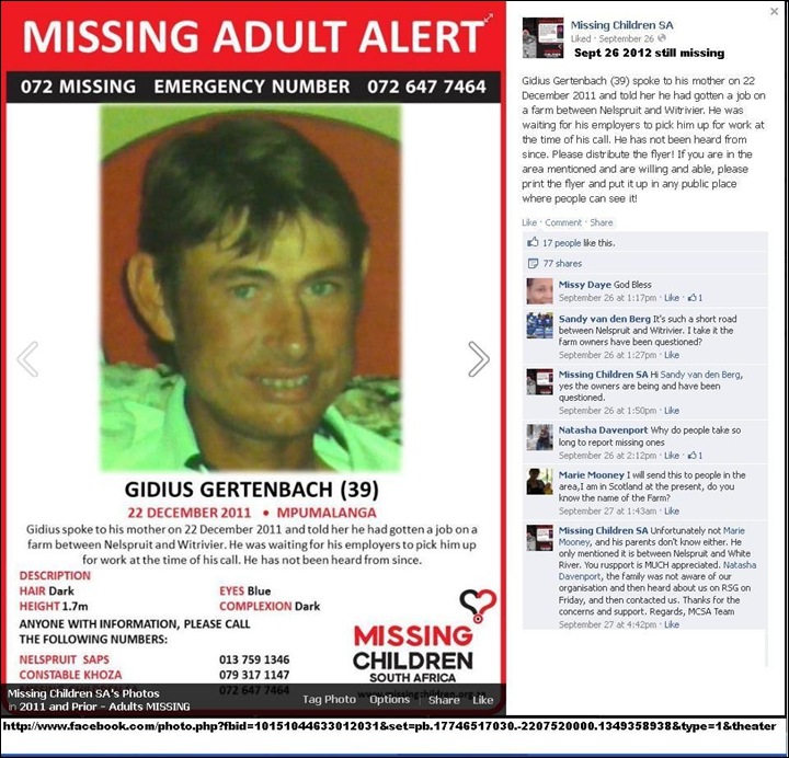 Gertenbach Gidius 39 farm worker Afrikaner missing since 22 Dec 2011 enroute to Nelspruit Witrivier job