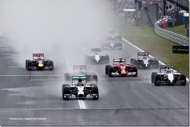 BUDAPEST, HUNGARY - JULY 27: Nico Rosberg of Germany and Mercedes GP leads the field into the first corner during the Hungarian Formula One Grand Prix at Hungaroring on July 27, 2014 in Budapest, Hungary. (Photo by Mark Thompson/Getty Images) *** Local Caption *** Nico Rosberg