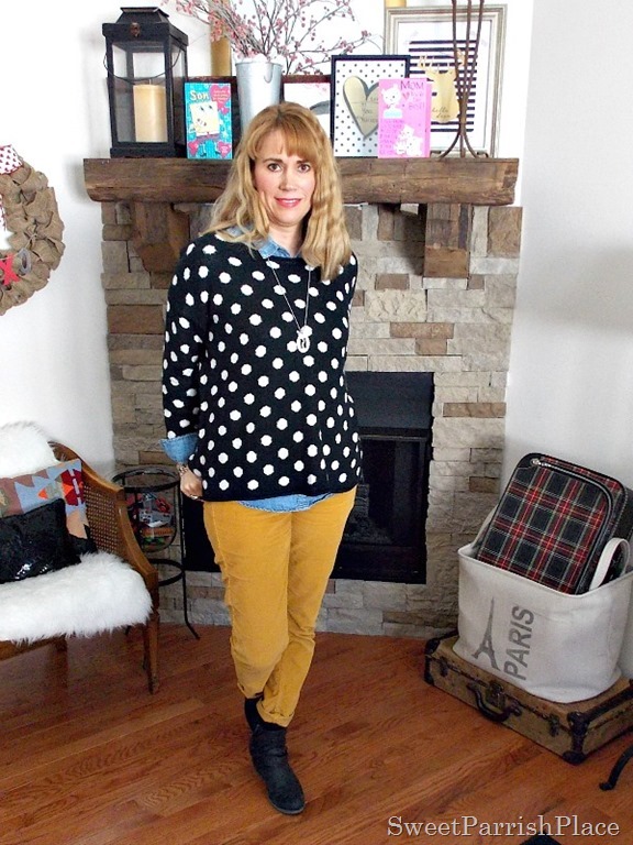 Mustard pants, black and white polka dots with brown booties1