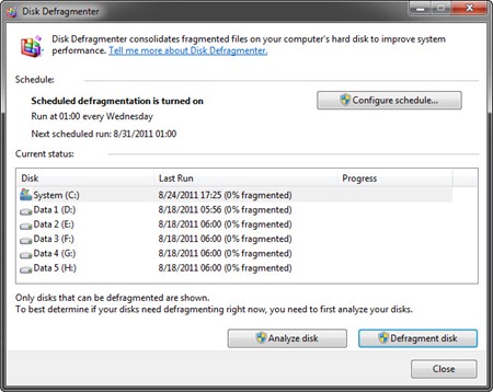 Tampilan aplikasi Disk Defragmenter