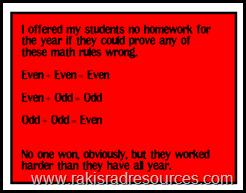I offered my students no homework for the year if they could prove any of these math rules wrong.  No one won, obviously, but they worked harder than they have all year - Heidi Raki of Raki's Rad Resources