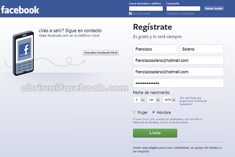 Registrarse en Facebook