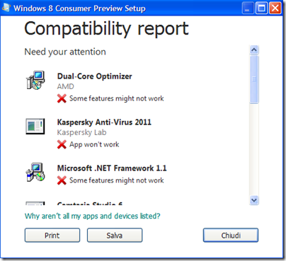 Report di compatibilità di Windows 8