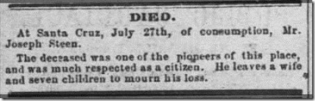 Steen Joseph Obituary Santa Cruz Sentinel 4 Aug 1866