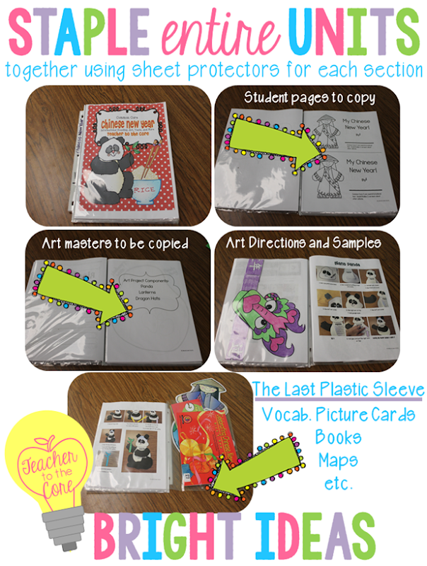 Organize entire TpT units in plastic sleeves -then staple and file- EASY