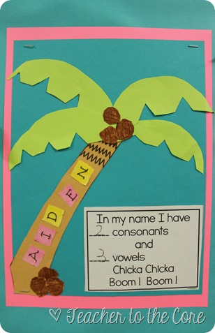 Name Art inspided by Chicka Chicka Boom Boom. Unit also includes vowel hunts and mystery pictures. This is PERFECT for first grade or end of kinder, and will get the students instantly identifying the vowels