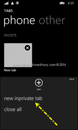 Click the "new inprivate tab" in IE11 for Windows Phone 8.1 (www.kunal-chowdhury.com)