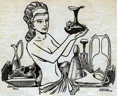 Illustration accompanying the publication in Astounding Science Fiction, British edition, June 1951, of short story Potters of Firsk by Jack Vance. Image shows the Mi-Tunn girl at her pottery shop on the planet Firsk.