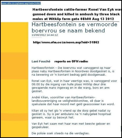VAN EYK Ronel shot dead in ambush three black males Hartbeesfontein farm NW Aug 13 2012 0800