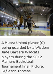 A Muara United player (C) being guarded by a Wisdom Jade Daycare Wildcats players during the 2012 Manjaro Basketball Tournament final. Picture: BT/Jason Thomas 