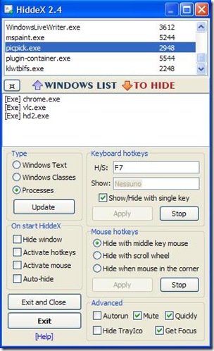 Hiddex nascondere programmi Windows