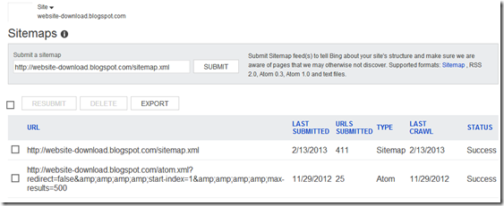 submit blog format sitemap di Bing webmaster tools