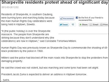 SHARPEVILLE protests because commemoration is held in Kliptown Soweto March 20 2012