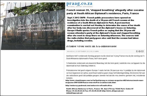Frenchwoman 26 dies at SA DIPLOMATS HOUSE SAT SEPT 1 2012 AFTER COCAINE PARTY SAYS EUROPE1RADIO