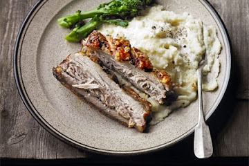 Slow-roast pork belly with celeriac & pear mash