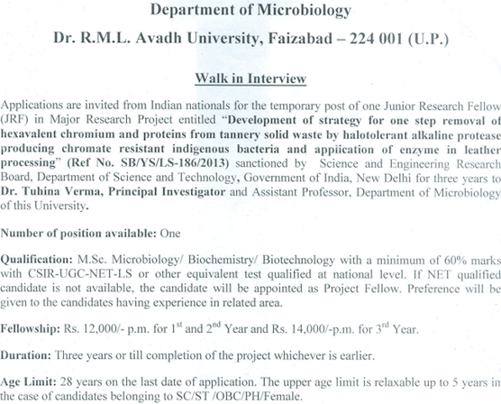RMLAU Microbiology/Biotech JRF Walk In | RMLAU Recruits @ helpBIOTECH