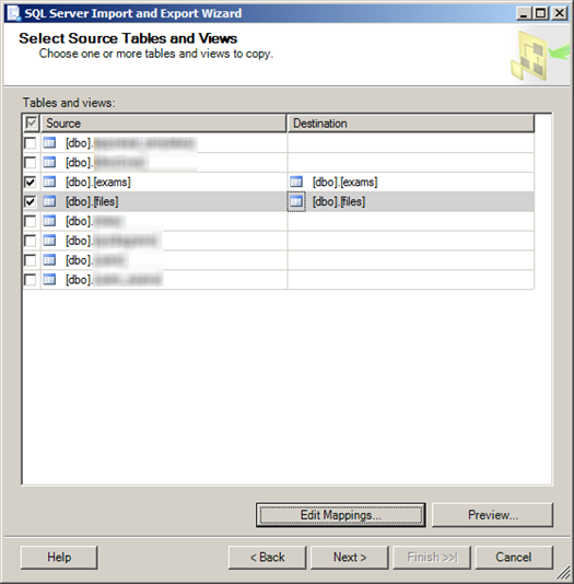 SQL Server Import and Export Wizard - Select Source Table and Views