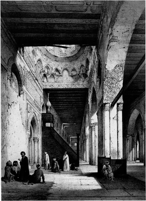 Mosque of Ali mad ibn Tulun, interior of the maqsura, 9th century. Gypsum and ash pillars accentuate the domed mihrab. The mosque, inspired by the great mosque of Samarra in the patron's homeland, accommodated a burgeoning population of troops. The decaying ornament in the arch's soffit no longer exists.