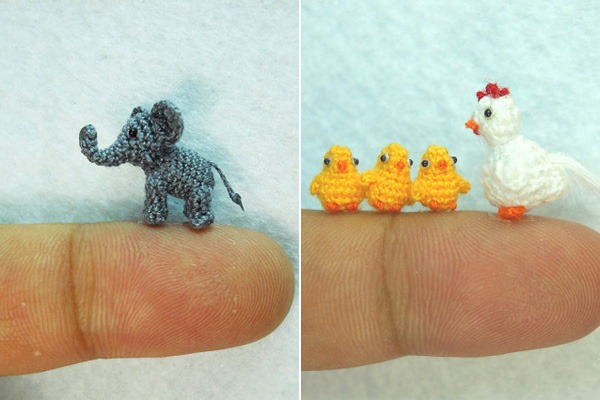 Miniaturas-Animais-Crochê-Elefante-Pintinhos-Galinha