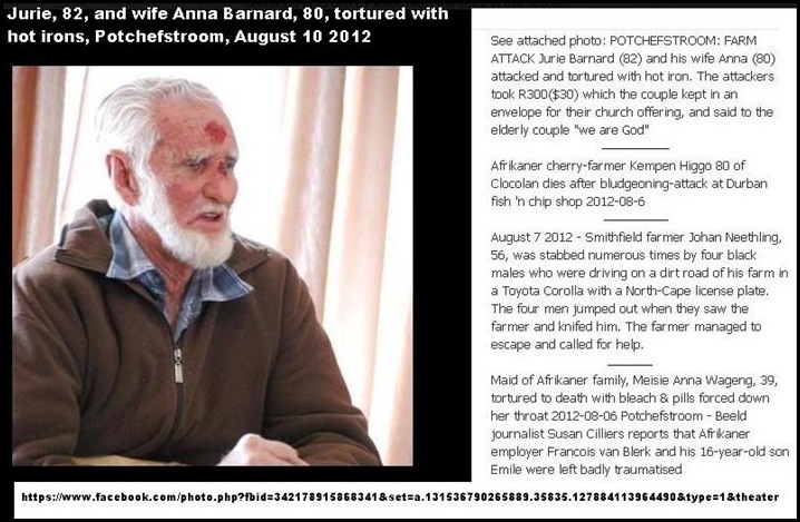 Barnard Jurie PIC 82 and wife Anna 80 attacked tortured with hot iron Potchefstroom August 10 2012