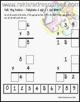 Multiplication tiling puzzle - 2 digit by 1 digit problems, free download from Raki's Rad Resources