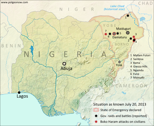 Map of battles, government raids, and rebel attacks in Nigeria's war with Boko Haram and declared state of emergency. Updated for July 2013.