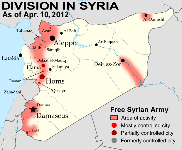 Map of Syria, showing control by the rebel Free Syrian Army as of April 10, 2012