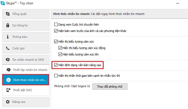 Tùy chọn định dạng Skype