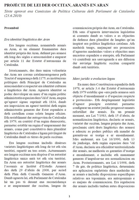 pagina un de la lei der occitan aranés en Aran