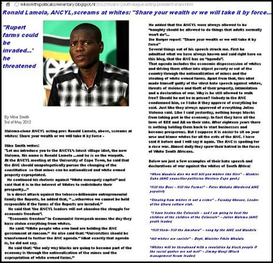 ANC HATESPEECH RONALD LAMOLA GIVE ALL WHITE PROPERTY OR WE WILL TAKE IT BY FORCE MAY 3 2012 UWC MIKE SMITH