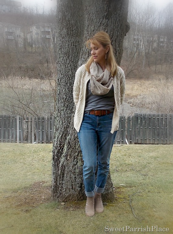 boyfriend jeans, grey T shirt, granny sweater, caged booties1