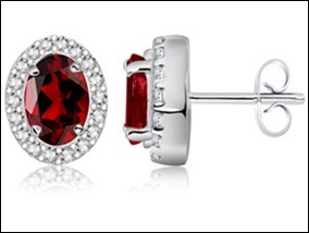 Oval Garnet and Diamond Border Earrings in 14k White Gold
