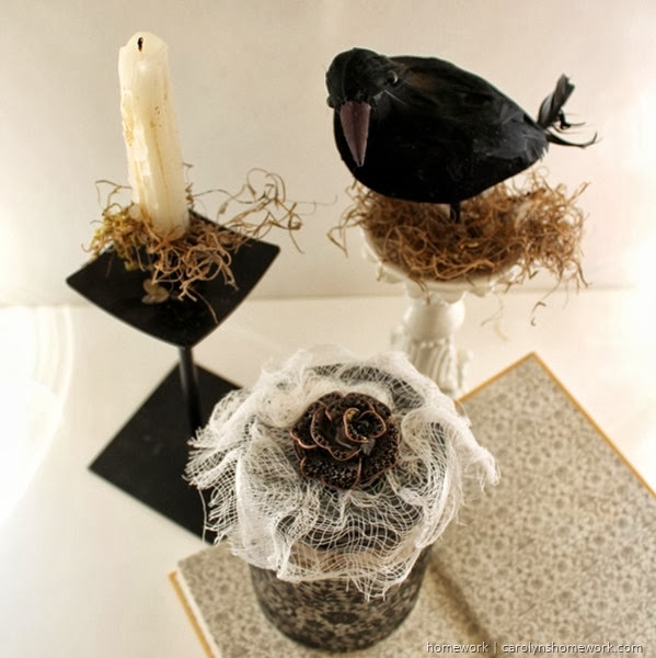 Black Lace Halloween Treat Jar using Martha Stewart silkscreens and paints via homework | carolynshomework.com