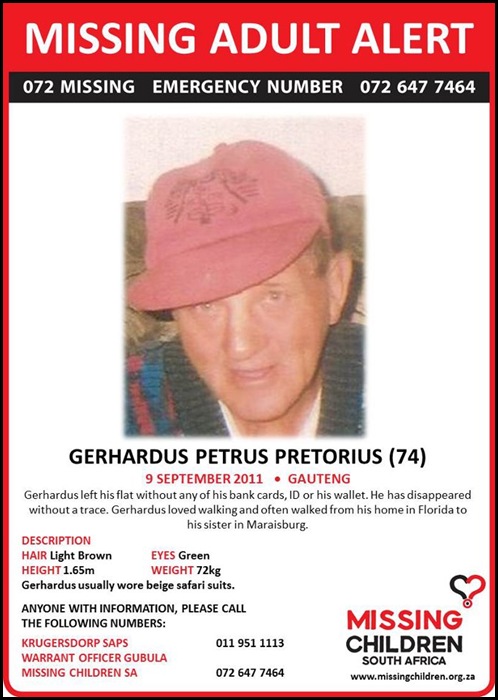 Pretorius Gerhardus Petrus 74 missing since 9 Sept 2011 Maraisburg or Florida GAUTENG